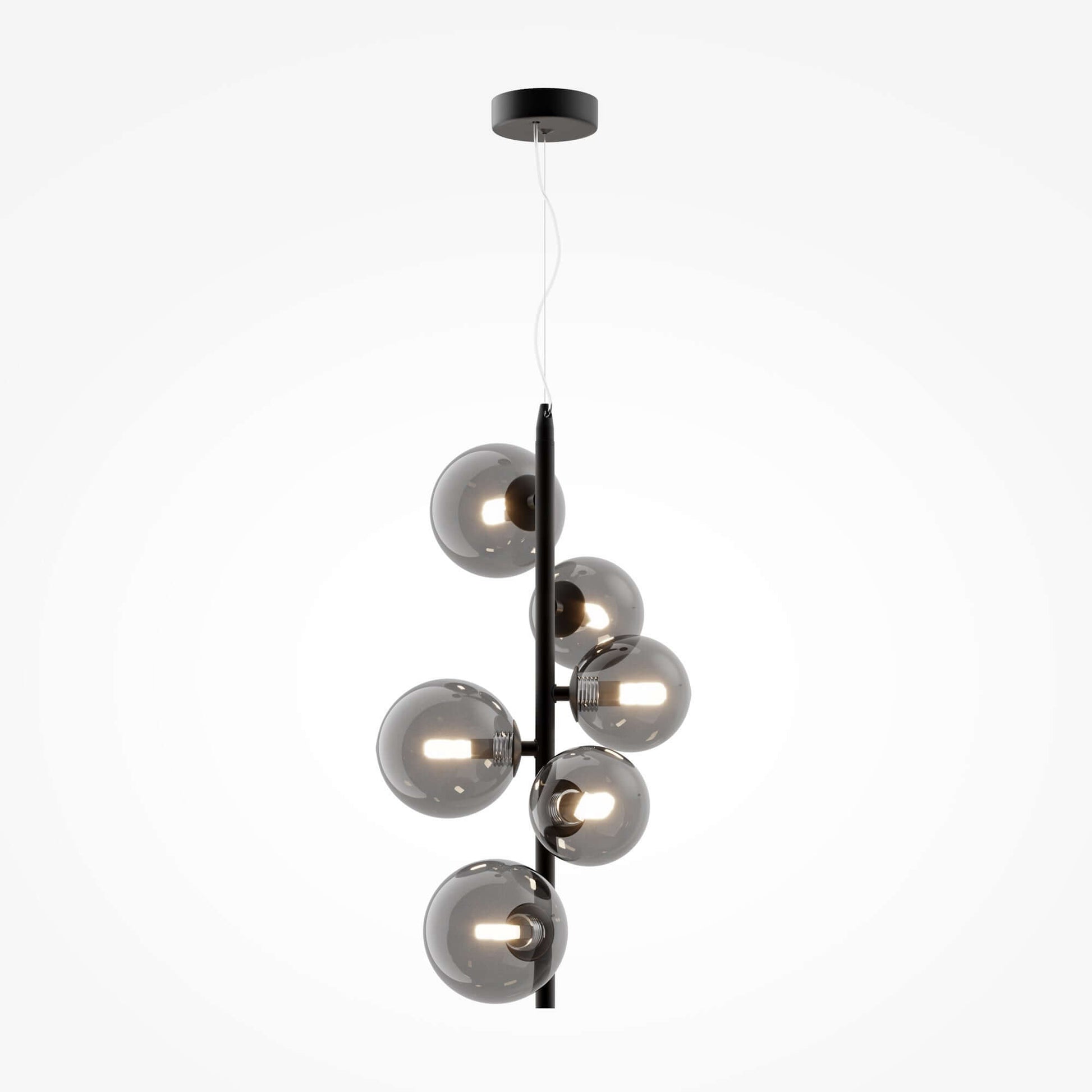 Modern Maytoni Dallas black pendant light with six dimmable smoky grey glass shades in a sleek metal frame.