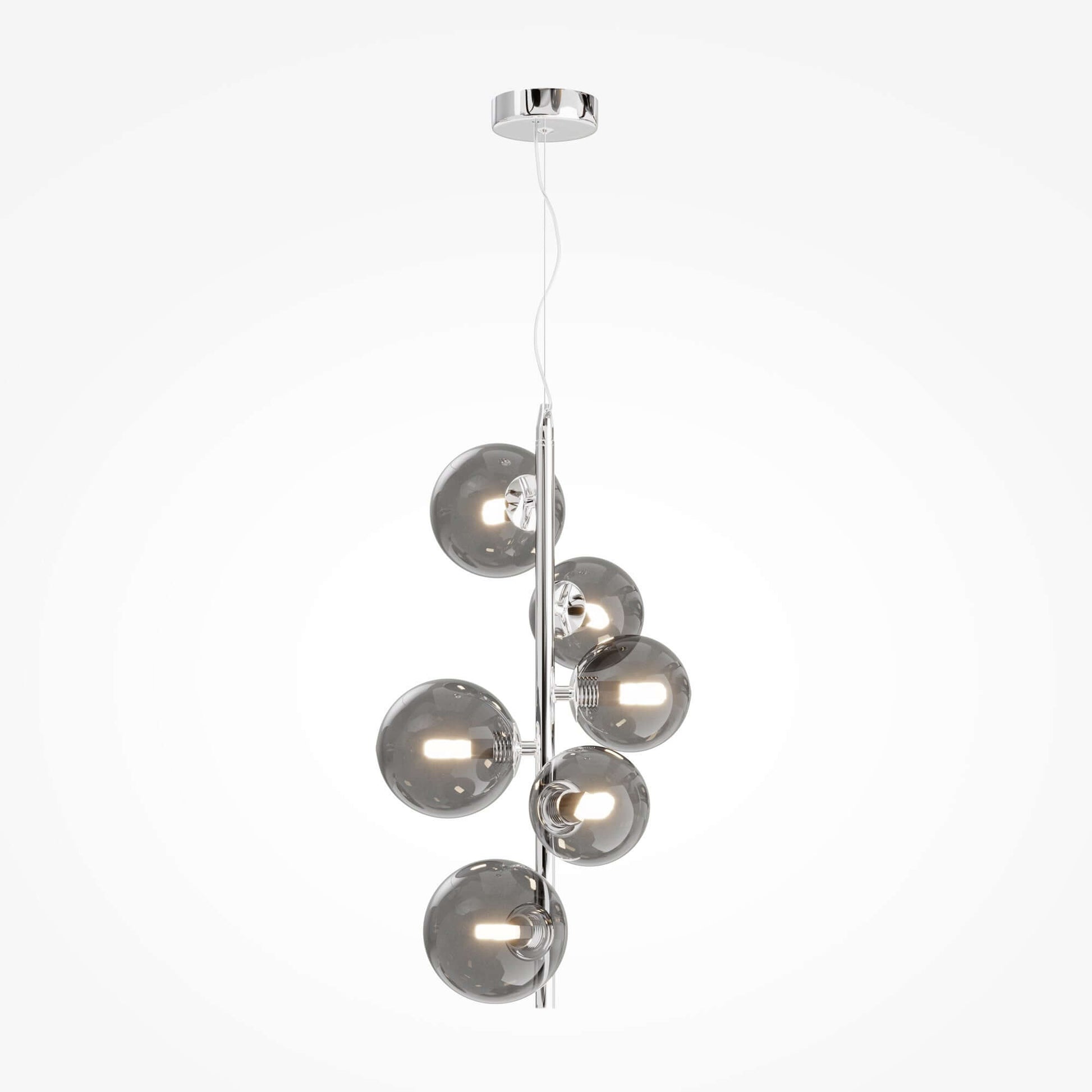 Maytoni Dallas Chrome pendant light with six smokey gray glass globes, dimmable, G9 socket, modern design.