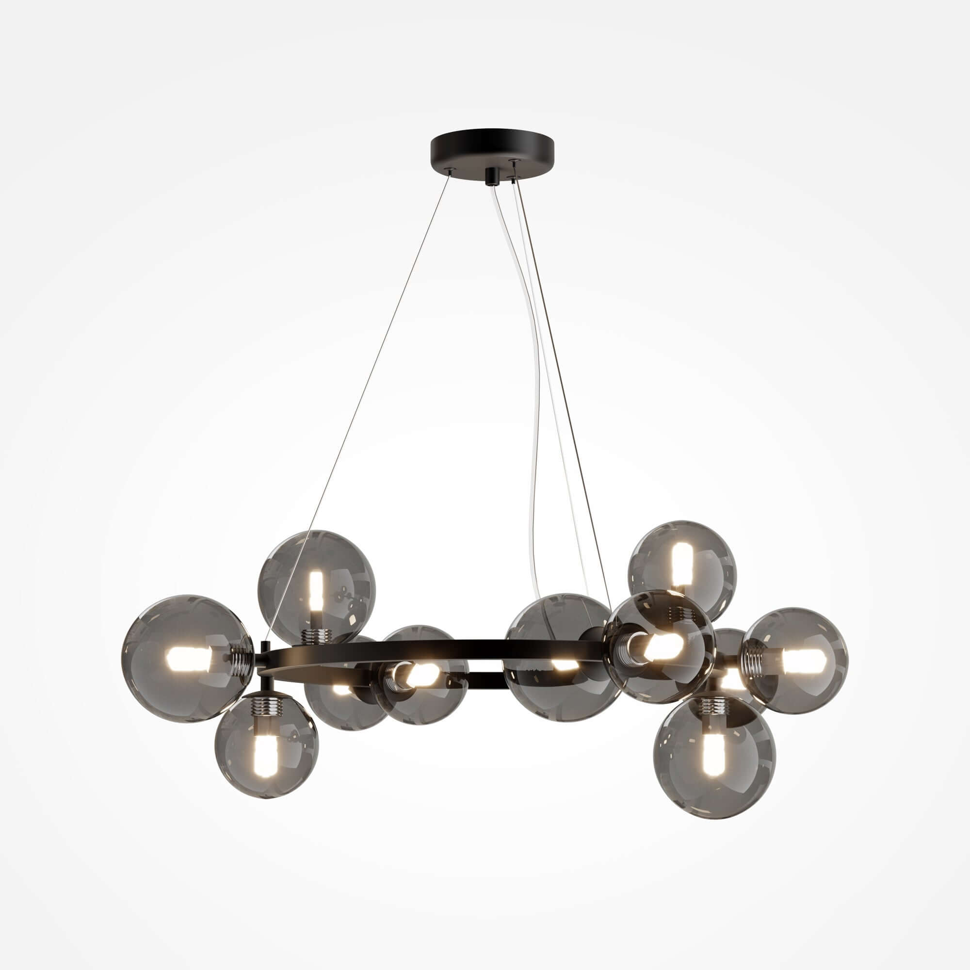 Maytoni Pendelleuchte Dallas in Schwarz mit Smokey Grau Glaskugeln, dimmbar, höhenverstellbar, 11 G9 Leuchtmittel, Ø67cm, Metallbeschläge.