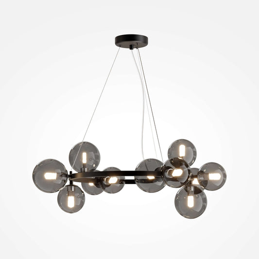 Maytoni Pendelleuchte Dallas in Schwarz mit Smokey Grau Glaskugeln, dimmbar, höhenverstellbar, 11 G9 Leuchtmittel, Ø67cm, Metallbeschläge.