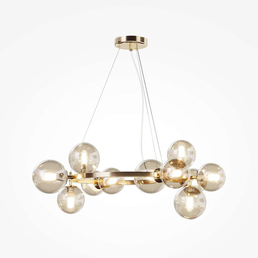 Maytoni Pendelleuchte Dallas in Gold with amber glass globes, dimmable, 11 G9 sockets, and a diameter of Ø67cm, elegant design.