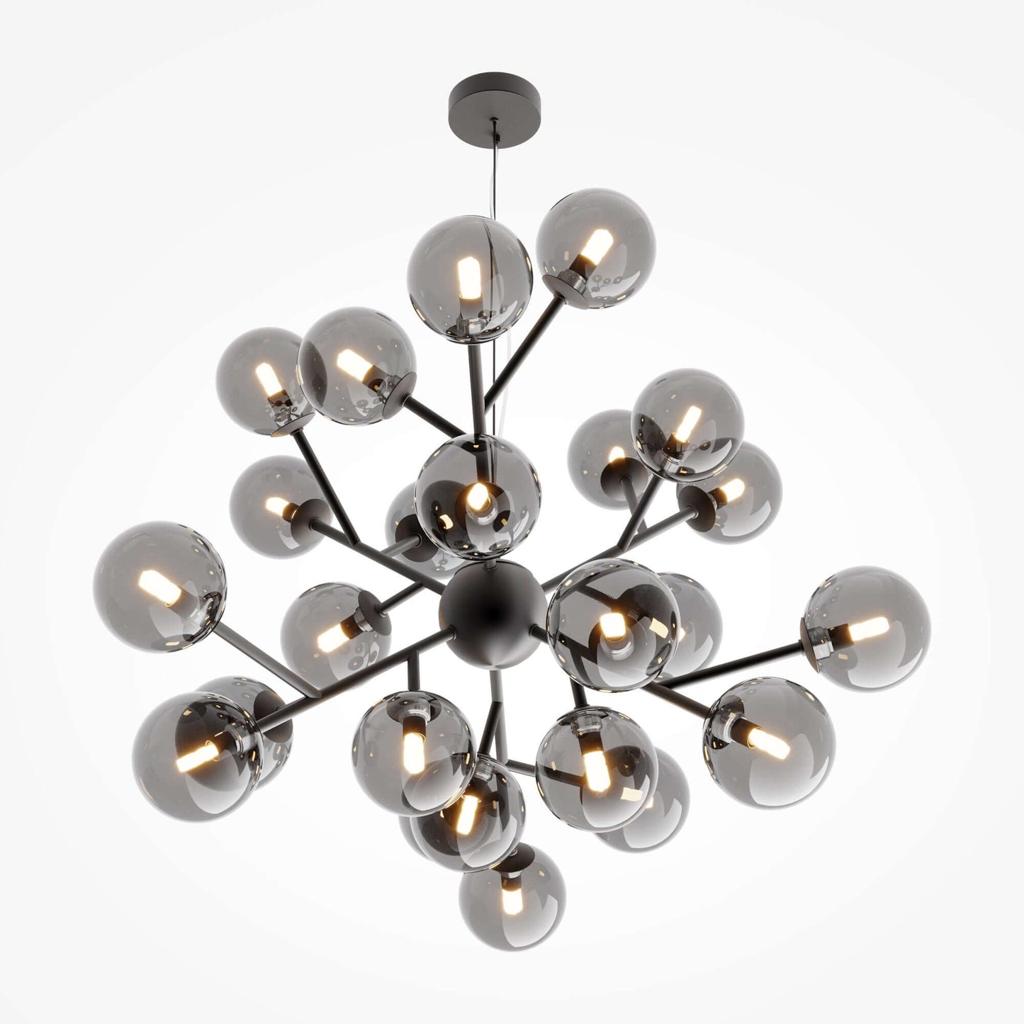 Maytoni Pendelleuchte Dallas, schwarze Kugelform, dimmbar, 24 Glaskugeln, Smokey Grau, höhenverstellbar, Ø65cm, G9 Sockel.