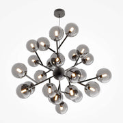 Maytoni Pendelleuchte Dallas, schwarze Kugelform, dimmbar, 24 Glaskugeln, Smokey Grau, höhenverstellbar, Ø65cm, G9 Sockel.