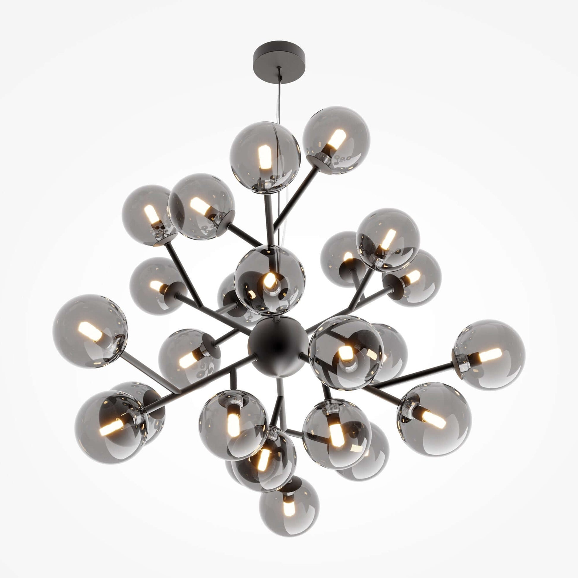 Maytoni Pendelleuchte Dallas, schwarze Kugelform, dimmbar, 24 Glaskugeln, Smokey Grau, höhenverstellbar, Ø65cm, G9 Sockel.