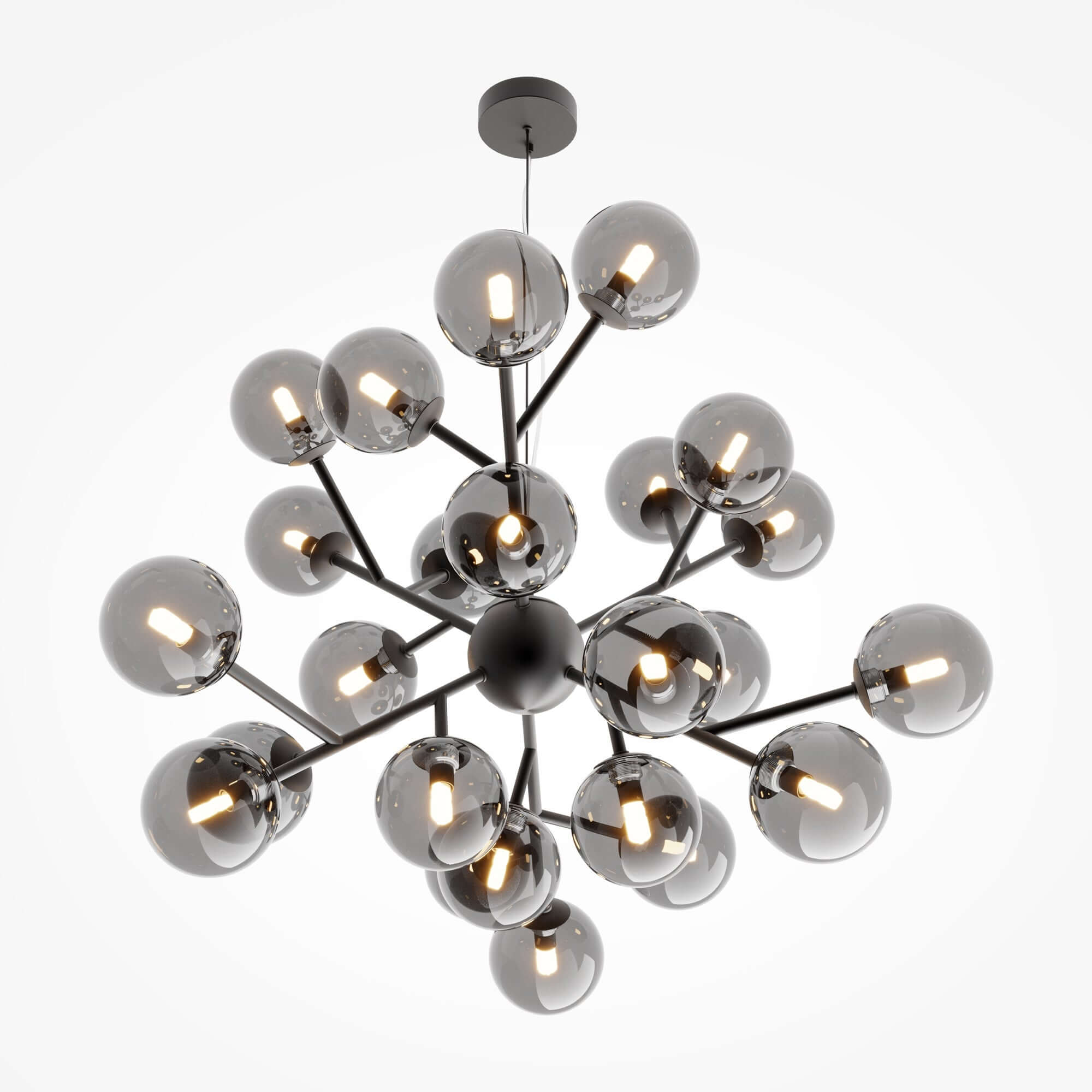 Maytoni Pendelleuchte Dallas, schwarze Kugelform, dimmbar, 24 Glaskugeln, Smokey Grau, höhenverstellbar, Ø65cm, G9 Sockel.