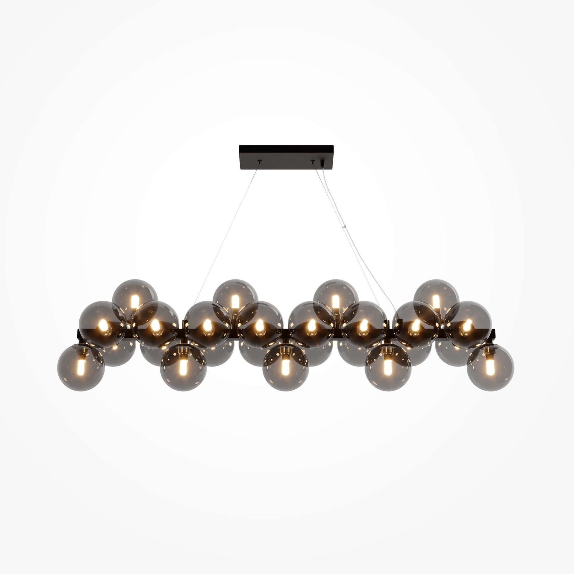 Maytoni Pendelleuchte Dallas Schwarz with smokey grey glass spheres, adjustable height, dimmable, featuring 25 G9 sockets.