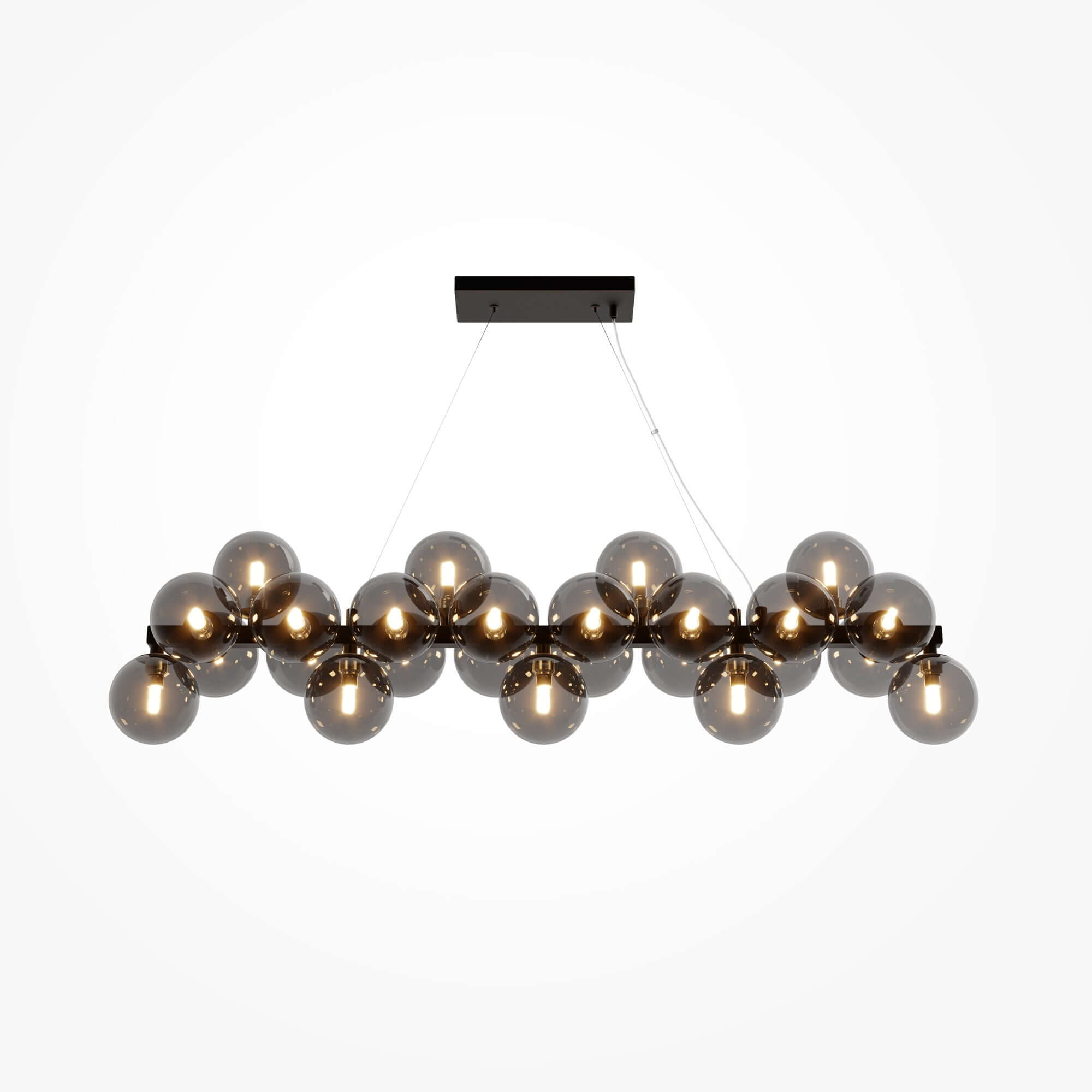 Maytoni Pendelleuchte Dallas Schwarz with smokey grey glass spheres, adjustable height, dimmable, featuring 25 G9 sockets.