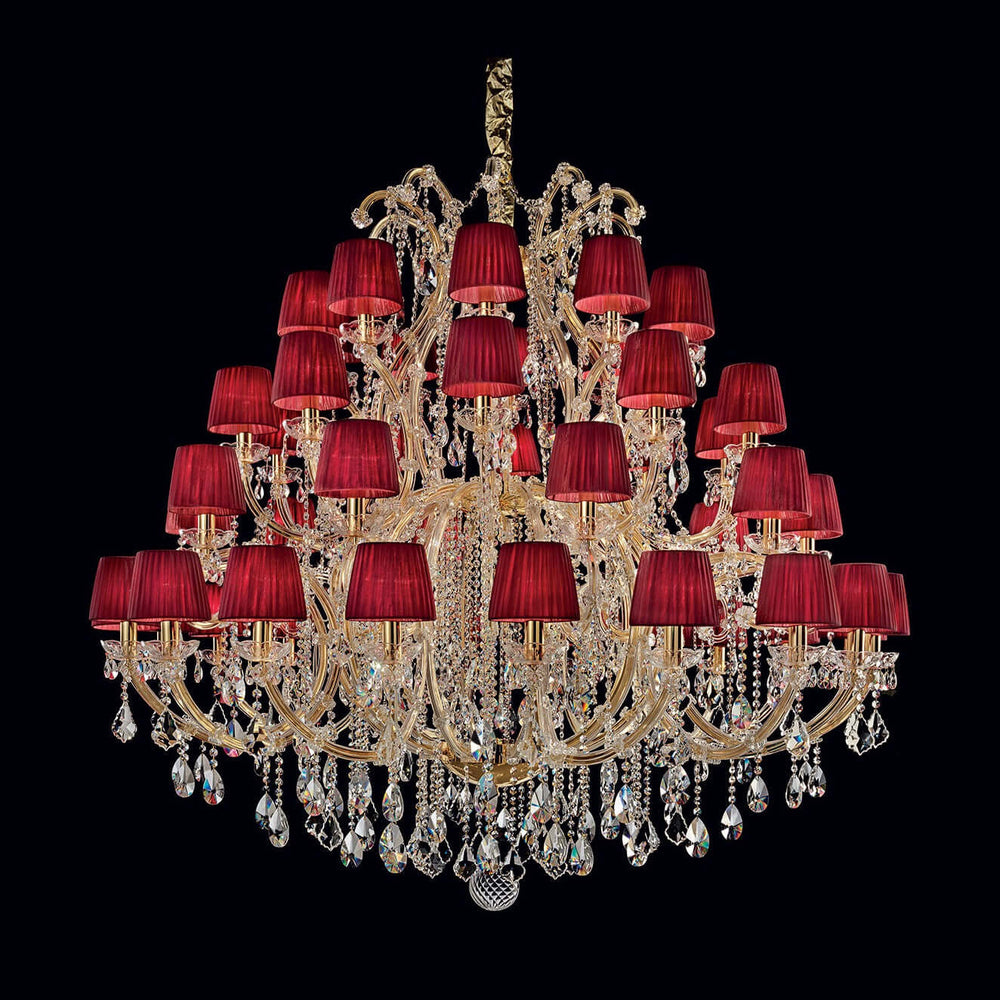 Kristall Kronleuchter Maria Theresia in Gold mit roten Schirmchen, Ø160cm, 50 Leuchten, dimmbar, funkelnde Bleikristalle, luxuriöses Design