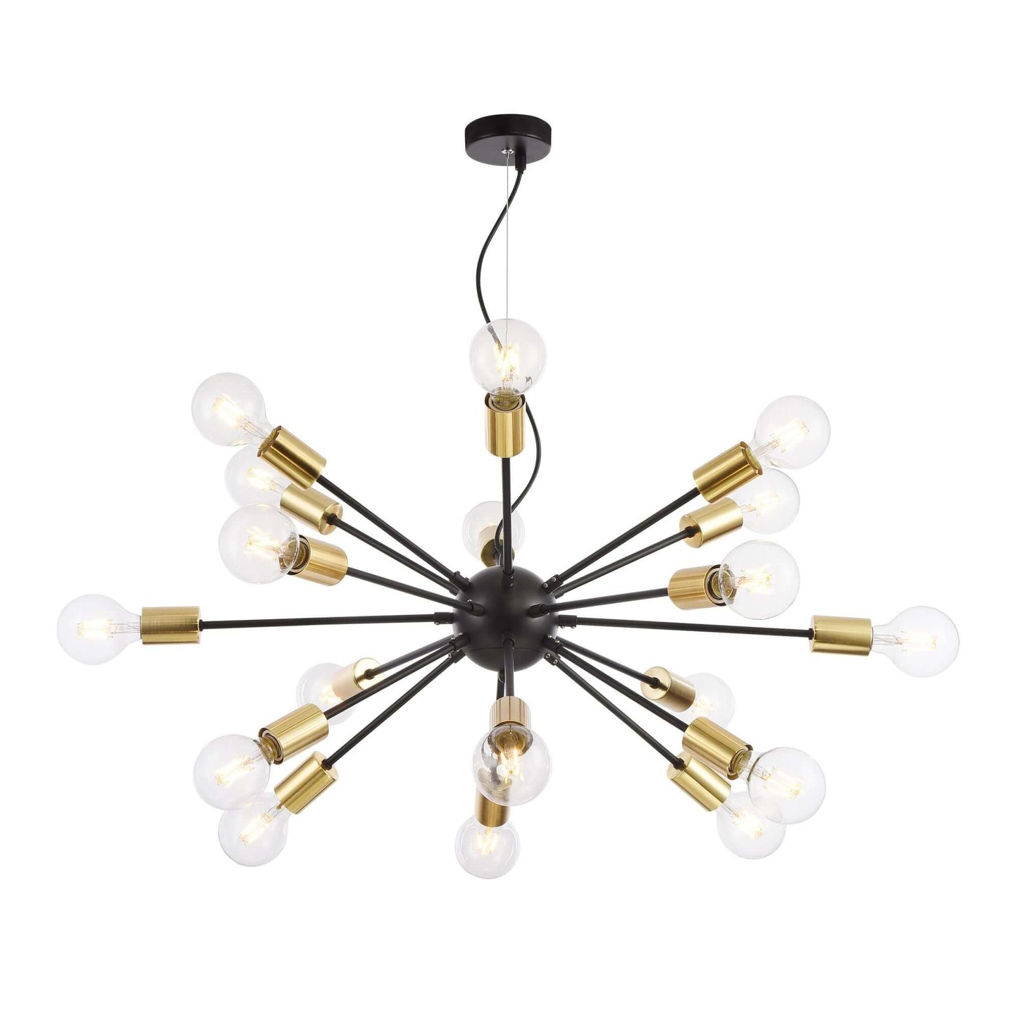 Maytoni Jackson 18-light black and brass pendant chandelier with adjustable height, featuring industrial design and dimmable bulbs.