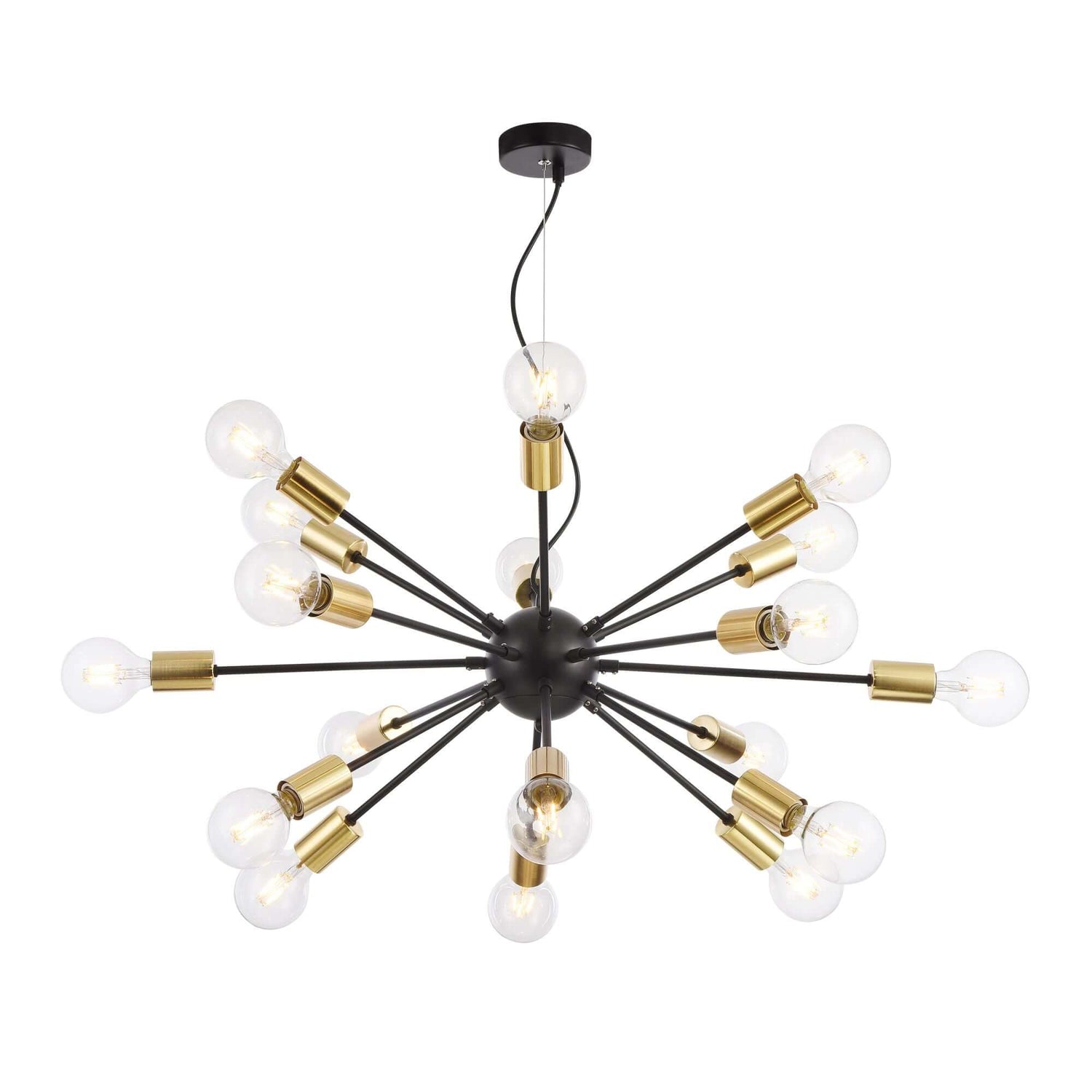 Maytoni Jackson 18-light black and brass pendant chandelier with adjustable height, featuring industrial design and dimmable bulbs.