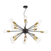 Maytoni Jackson 18-light black and brass pendant chandelier with adjustable height, featuring industrial design and dimmable bulbs.