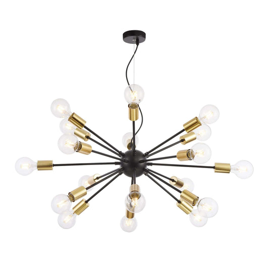 Maytoni Jackson 18-light black and brass pendant chandelier with adjustable height, featuring industrial design and dimmable bulbs.