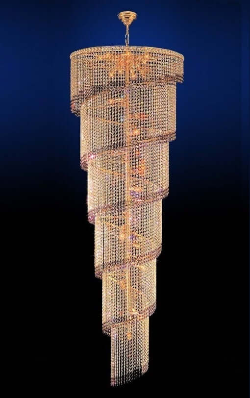 Kristall Hängeleuchte TWISTER, Spiralelleuchte für Treppenhaus, 70cm Durchmesser, 210cm Höhe, Messing/Chrom/Glas, 28 E14 Leuchten