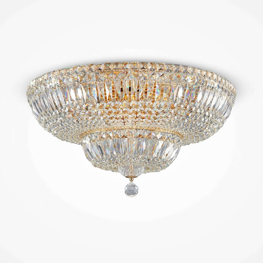 Gold-colored crystal ceiling light with 16 lamps, featuring a dazzling crystal design for a unique light display, 32.5cm high, 60.5cm diameter.