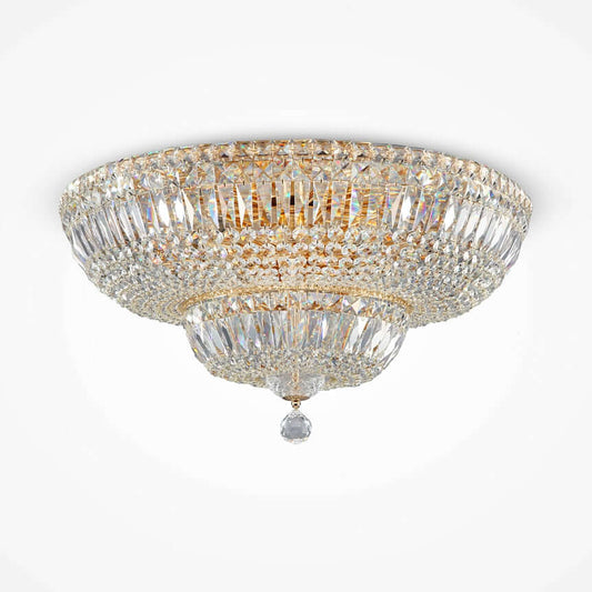 Gold-colored crystal ceiling light with 16 lamps, featuring a dazzling crystal design for a unique light display, 32.5cm high, 60.5cm diameter.