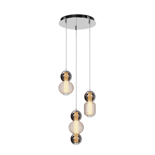 Maytoni Drop LED pendant light with glass globes on adjustable cords, featuring gold and silver metallic elements, non-dimmable.