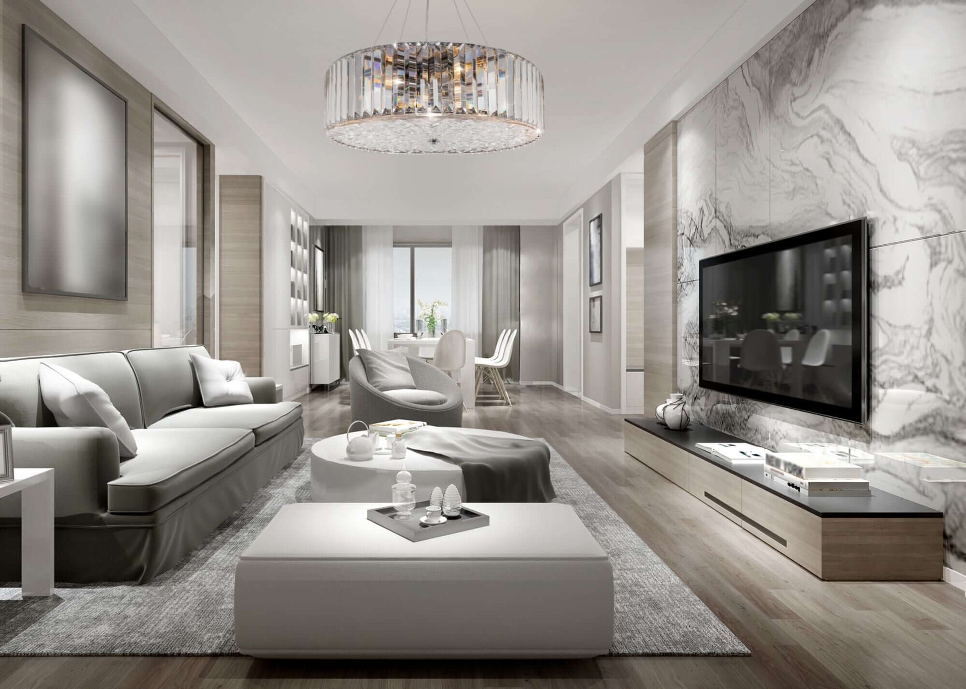 Luxurious living room with Pendelleuchte Recinto chandelier featuring crystal and chrome design, modern decor, and large TV.