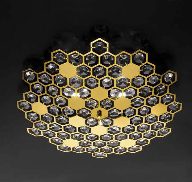 Gold hexagonal crystal ceiling light, dimmable Carnaby model with faceted crystals, Ø37cm, compatible with G9 LED or Halogen bulbs.