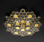 Gold hexagonal crystal ceiling light, dimmable Carnaby model with faceted crystals, Ø37cm, compatible with G9 LED or Halogen bulbs.