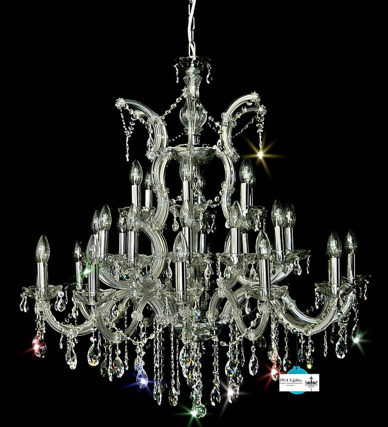 Luxurious 30-light silver chandelier with sparkling lead crystals and elegant candle holders, diameter 90cm.