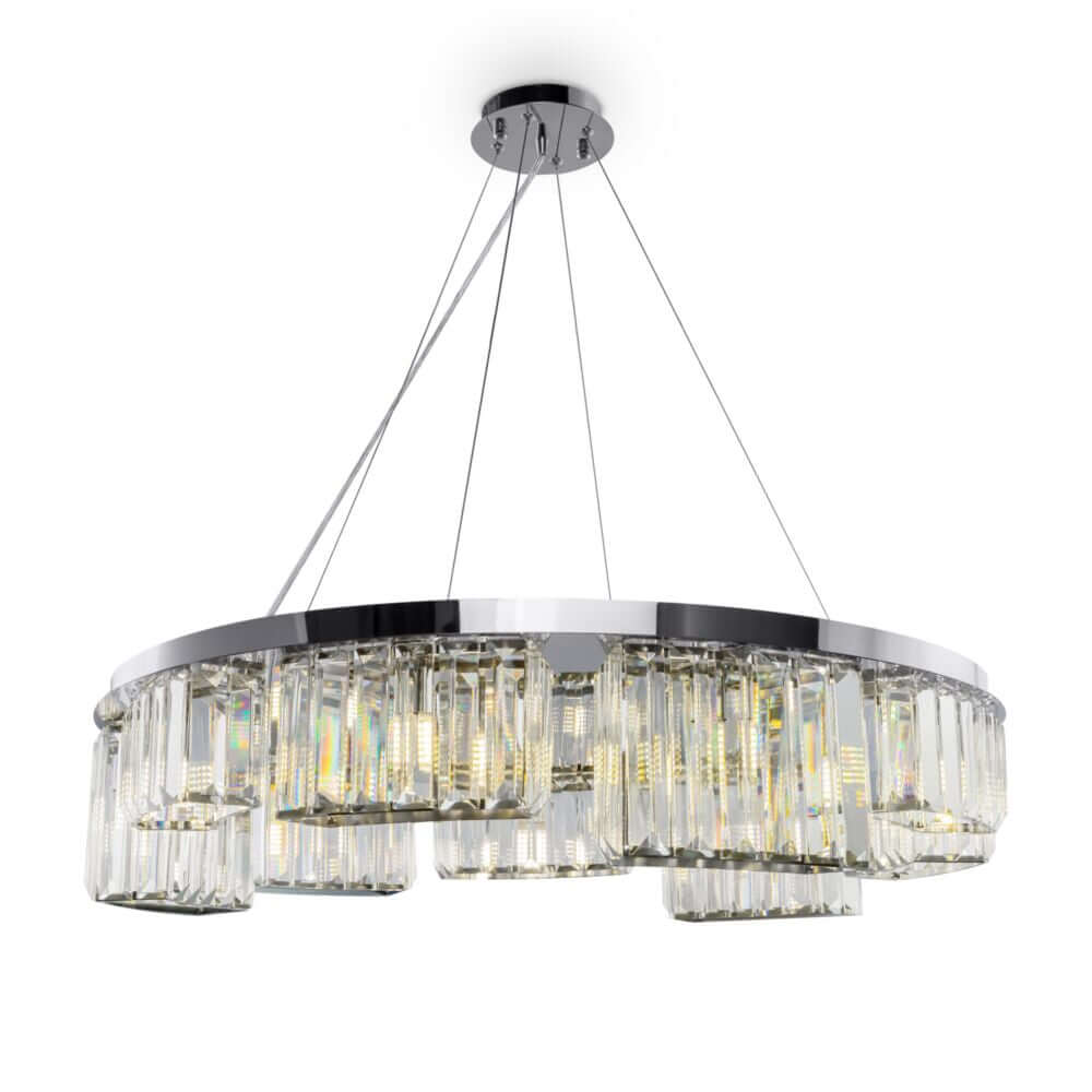 Maytoni Colline large crystal pendant light with chrome and glass, dimmable, height adjustable 18-60cm, Ø80cm, fits 9 G9 bulbs.