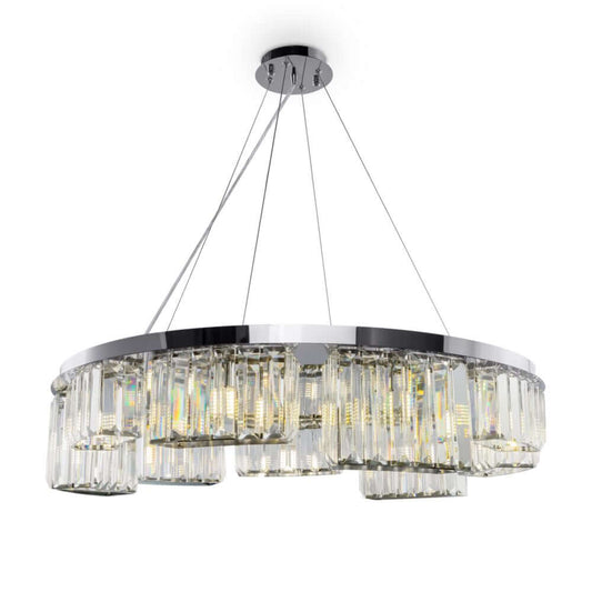 Maytoni Colline large crystal pendant light with chrome and glass, dimmable, height adjustable 18-60cm, Ø80cm, fits 9 G9 bulbs.