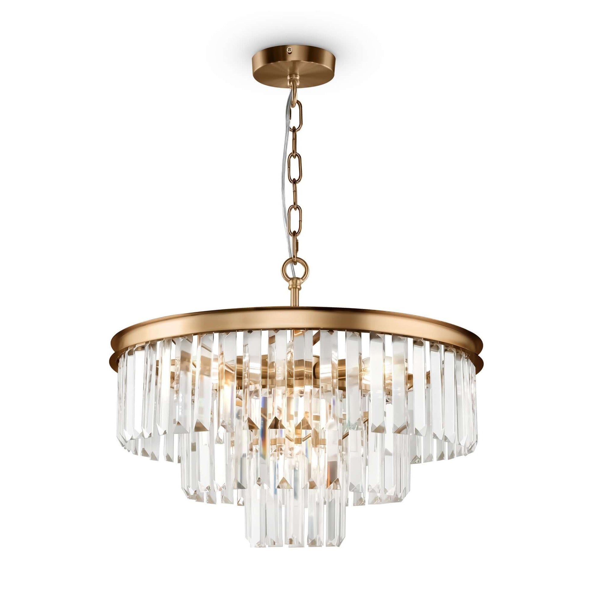 Maytoni Revero pendant light with gold finish, dimmable glass crystal rods, adjustable chain, 7x E14 bulbs, 50cm diameter