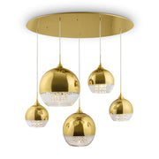 Maytoni Fermi pendant light in gold, featuring five dimmable E27 LED or halogen bulbs, elegant metal design for modern interiors.