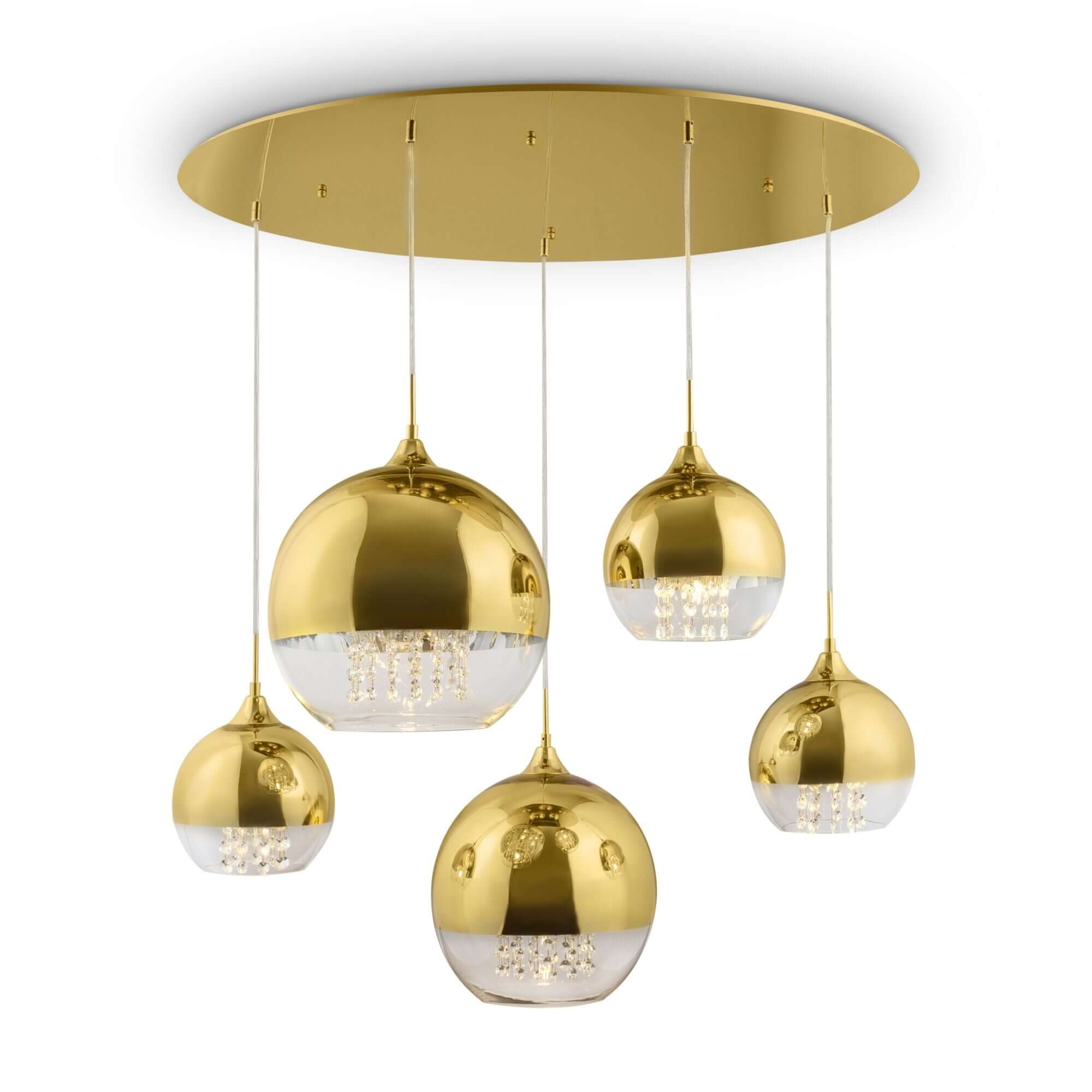 Maytoni Fermi pendant light in gold, featuring five dimmable E27 LED or halogen bulbs, elegant metal design for modern interiors.