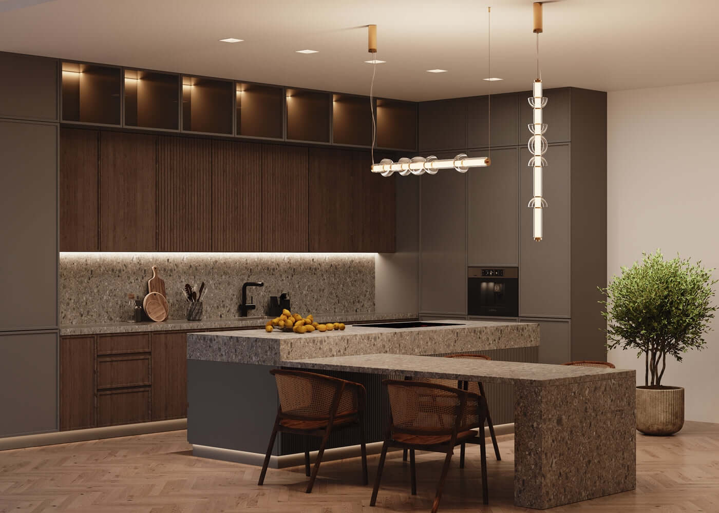 Modern kitchen featuring a sleek Maytoni COSMO pendant light with metal fixtures in black and gold above a stone island.