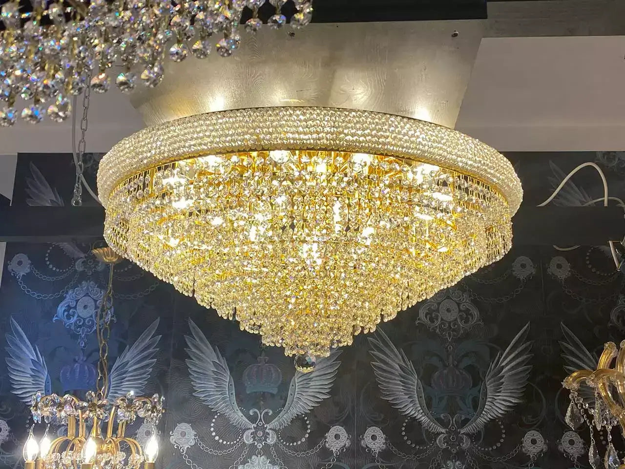 Luxurious Granada Gold crystal ceiling light, 60cm diameter, featuring dazzling cut crystals and gold finish for elegant interiors.