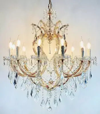 Luxurious gold Mozart chandelier with 12 crystal-covered arms, 80cm diameter, featuring dazzling lead crystals and dimmable lights.
