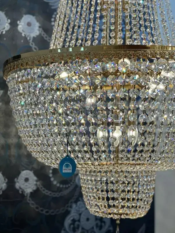 Gold-colored crystal basket chandelier with Swarovski Spectra crystals, 80cm diameter, elegant and sparkling lighting fixture.