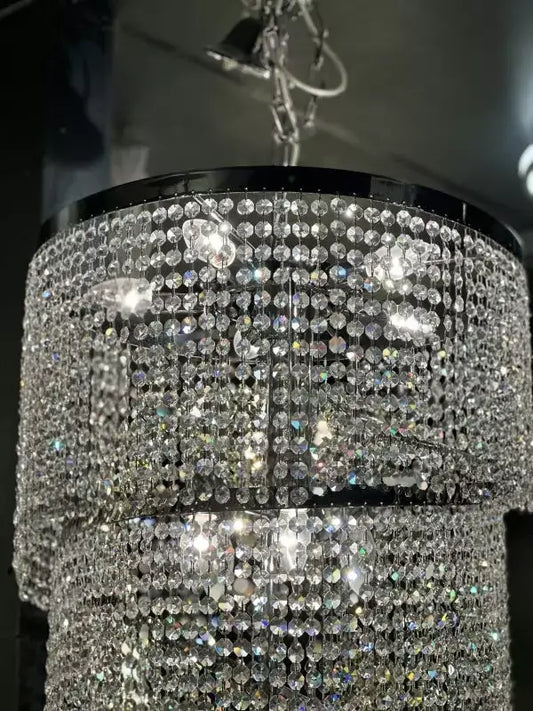 Twister spiral pendant light with sparkling crystals, chrome silver finish, dimmable, 50cm diameter, 145cm height.