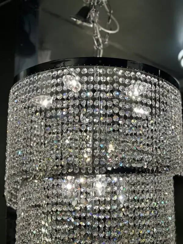 Twister spiral pendant light with sparkling crystals, chrome silver finish, dimmable, 50cm diameter, 145cm height.