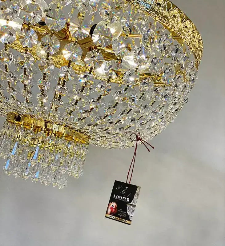 Gold basket chandelier with sparkling lead crystals, diameter 45cm, hanging tag, elegant lighting fixture, Kristall Korblüster Amsterdam.