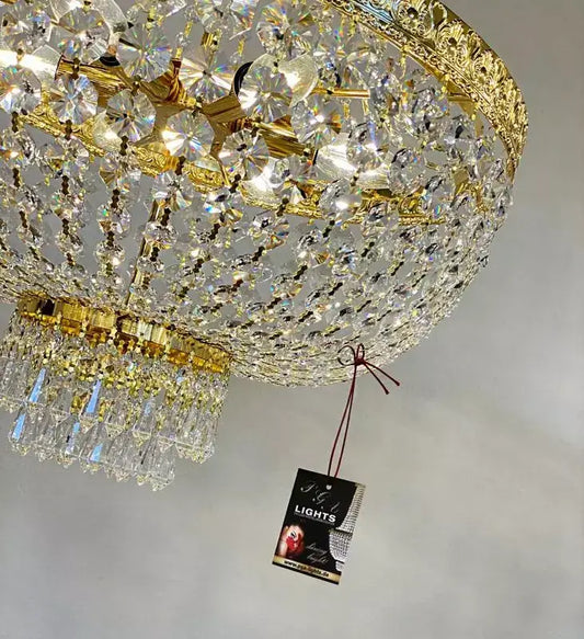 Gold basket chandelier with sparkling lead crystals, diameter 45cm, hanging tag, elegant lighting fixture, Kristall Korblüster Amsterdam.