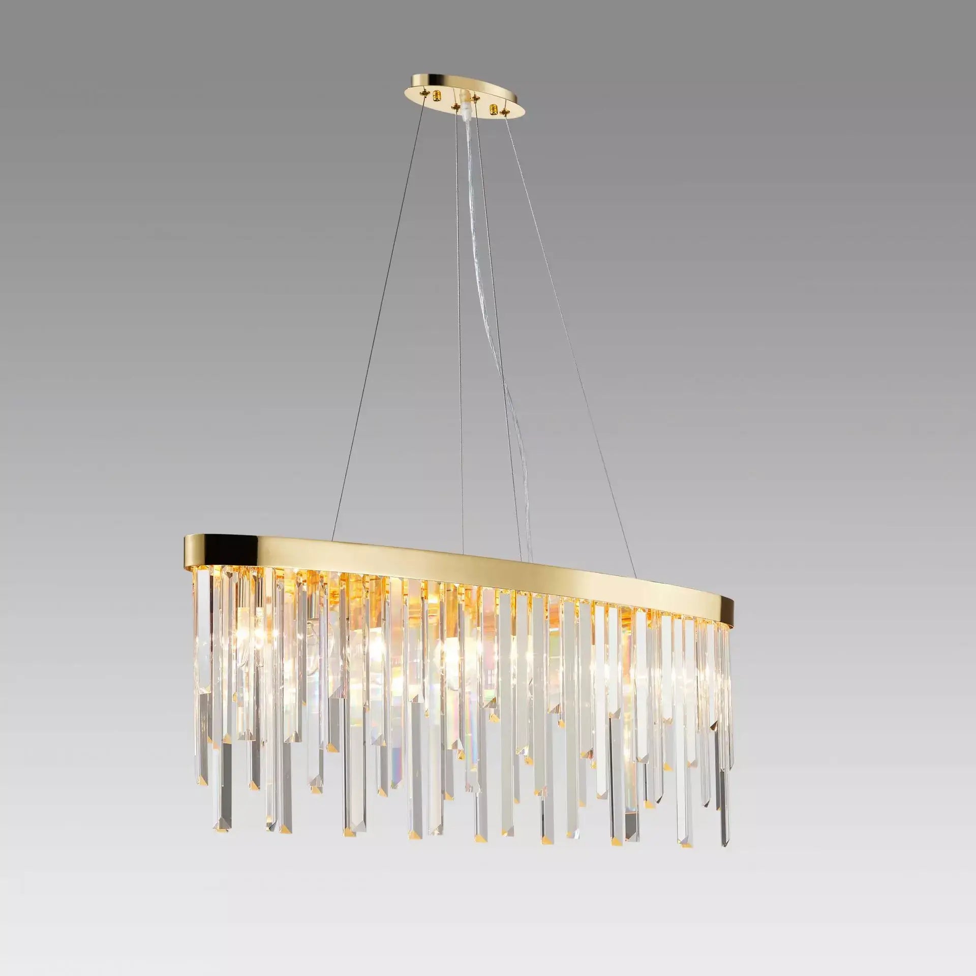 Gold Starnberg pendant light with sparkling crystal rods, adjustable height, 90cm length, dimmable, perfect for modern interiors.