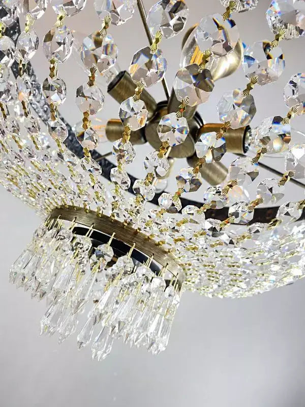 Antique gold ceiling light with sparkling lead crystals, dimmable, 6-bulb, 42cm diameter, KRISTALL DECKENLEUCHTE AMSTERDAM.