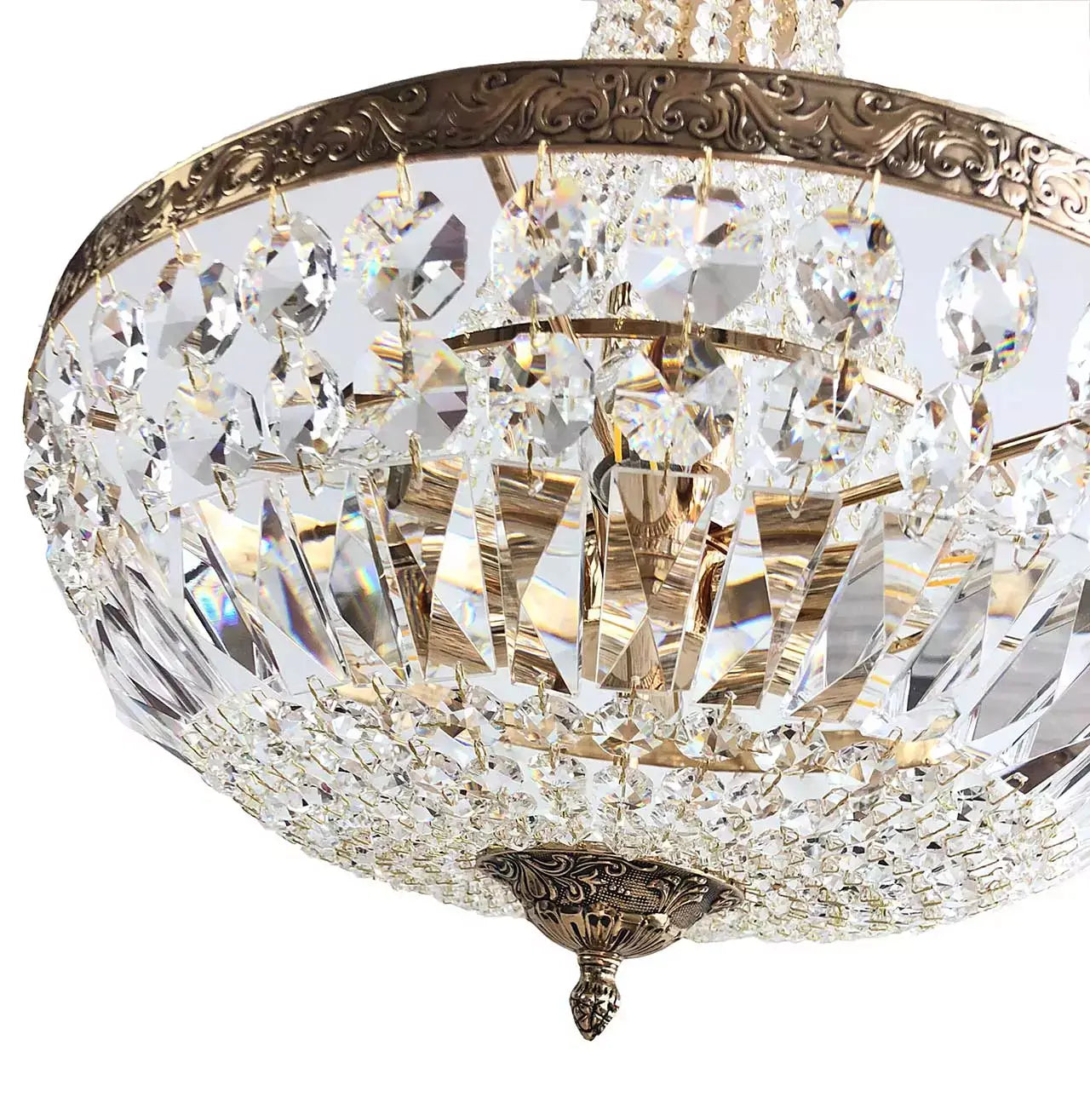 Elegant crystal chandelier with French antique gold accents, featuring cut crystals and dimmable E14 LED lights, 45cm diameter.
