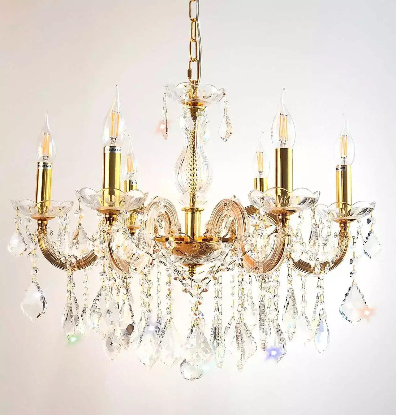 Gold Maria Theresia chandelier with six crystal-glass arms, Ø60cm, dimmable, for E14 LED or Halogen bulbs, elegant lighting fixture.