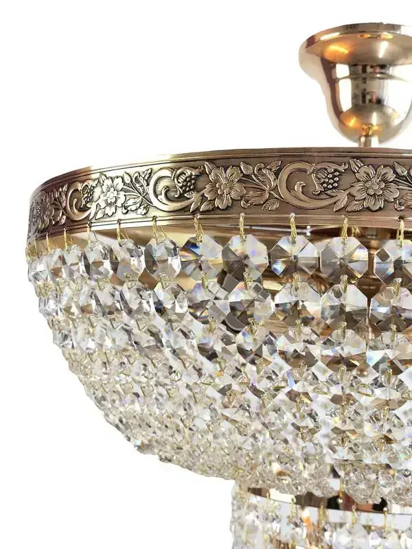 Gold Kristall Deckenleuchte PLAZA Ø40cm mit geschliffenen Kristallen, antikes Design, ideal für elegante Raumbeleuchtung.