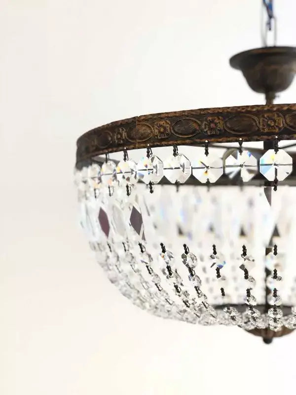 Kristall Deckenlampe Florence Ø50cm Antik aus geschliffenen Kristallen, Metallrahmen in Antik-Gold, dimmbar, E14 LED geeignet.