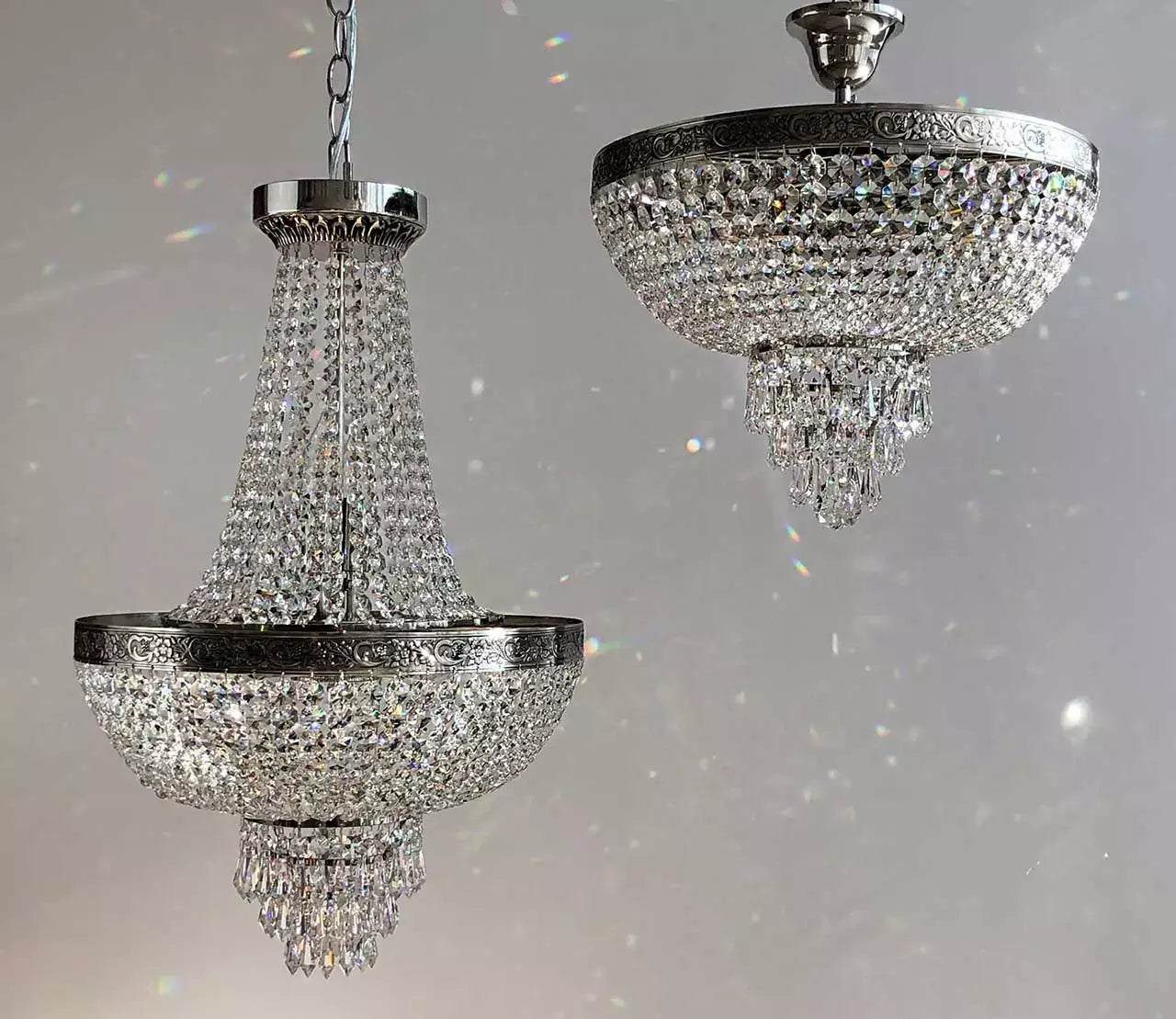 Elegant Kristall Korblüster PLAZA Silber with cut crystals, dimmable, Ø40cm-Ø60cm, perfect room centerpiece lighting solution.