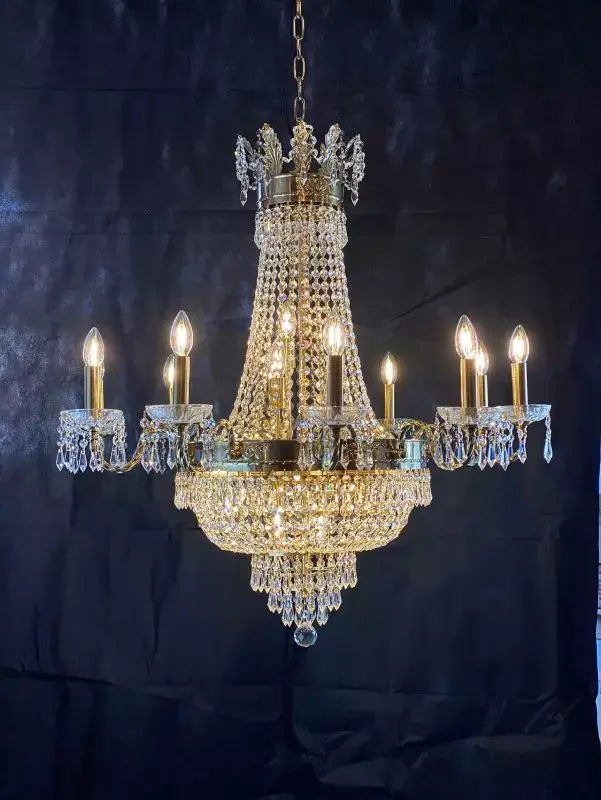 Empire Kristall Korblüster with 21 lights, Ø87cm, height 90cm, brass and crystal chandelier, dimmable, for elegant interiors.