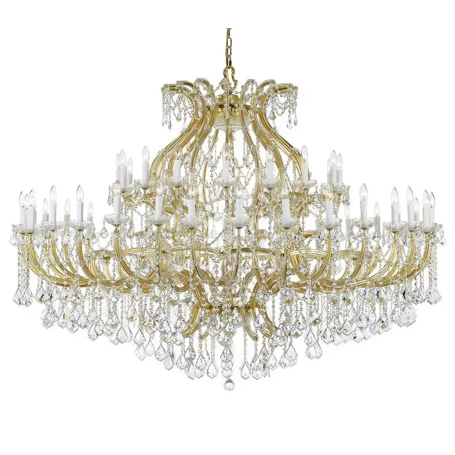 Gold crystal chandelier with 54 lights, diameter 182cm, height 142cm, featuring brass and glass arms, adjustable, sparkling lead crystals.