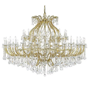 Gold crystal chandelier with 54 lights, diameter 182cm, height 142cm, featuring brass and glass arms, adjustable, sparkling lead crystals.