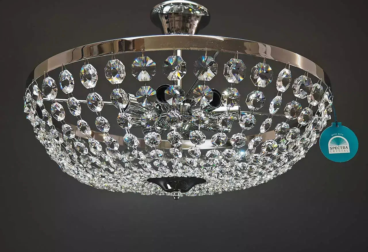 Kristall Deckenleuchte Lorenzo Ø50cm mit Swarovski SPECTRA Crystal, gold- oder silberfarben, E14 LED, 6 Leuchtmittel, dimmbar.
