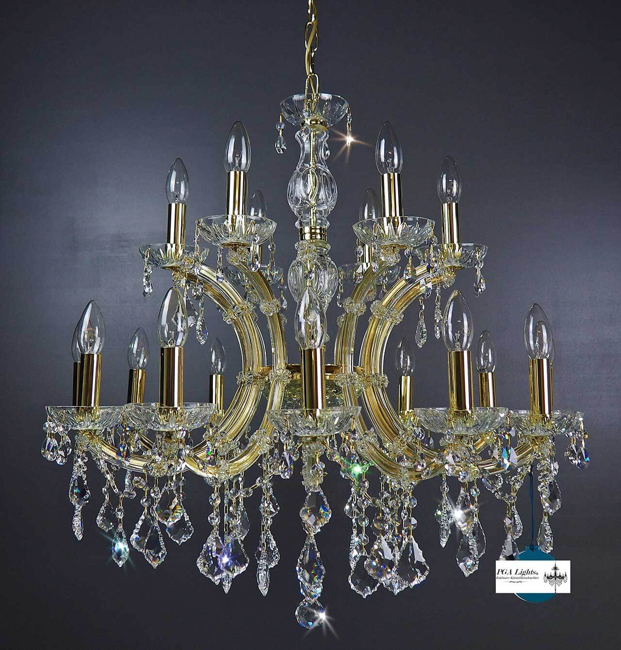 Kristall Kronleuchter 12+6 Leuchten, goldfarben mit bleikristallen und kristallglas Armen, Ø72cm, dimmbar, 18 E14 Lampen