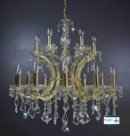Kristall Kronleuchter 12+6 Leuchten, goldfarben mit bleikristallen und kristallglas Armen, Ø72cm, dimmbar, 18 E14 Lampen